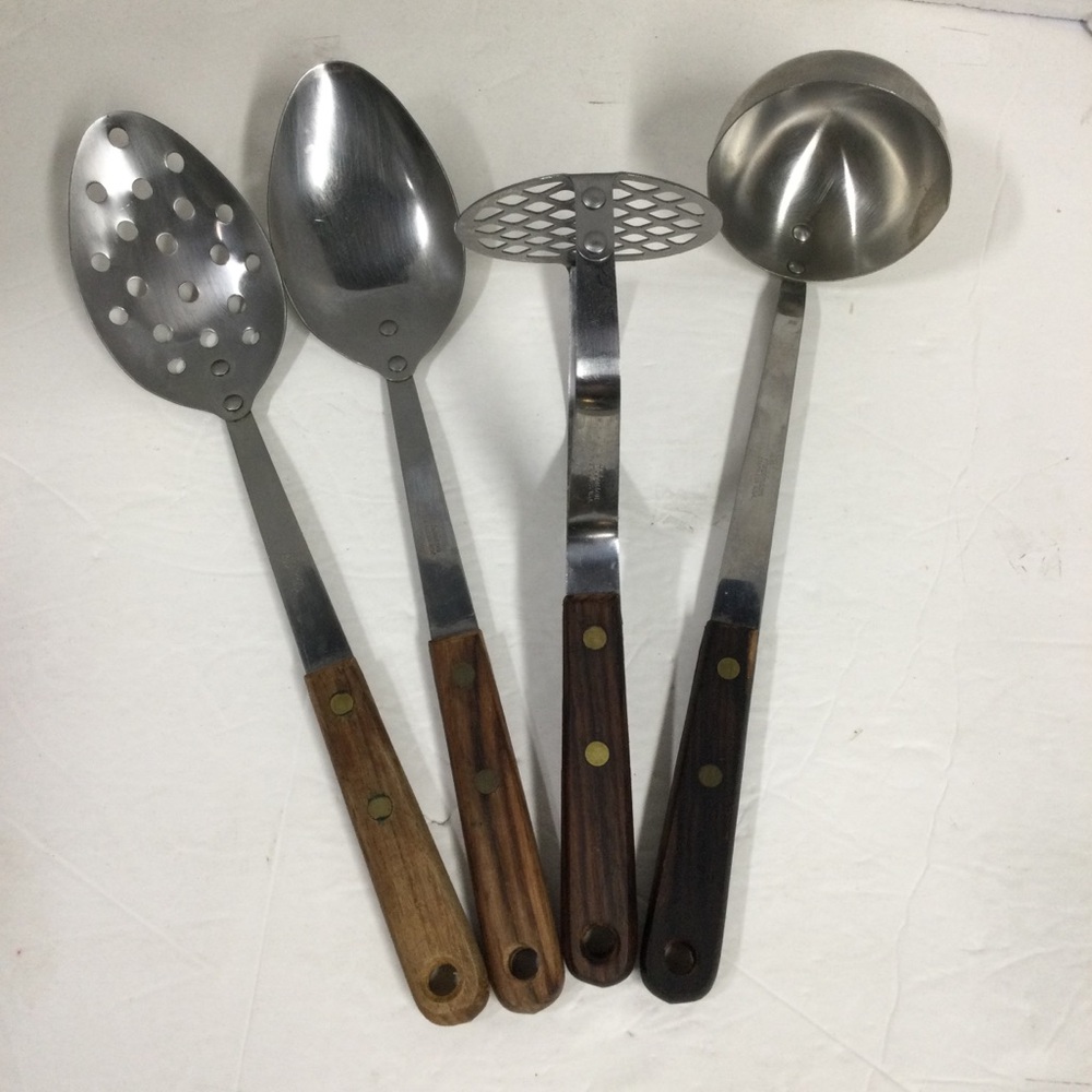 VTG Robinson Set 4 Stainless Steel Kitchen Serving Spoons & Masher Wood Handles